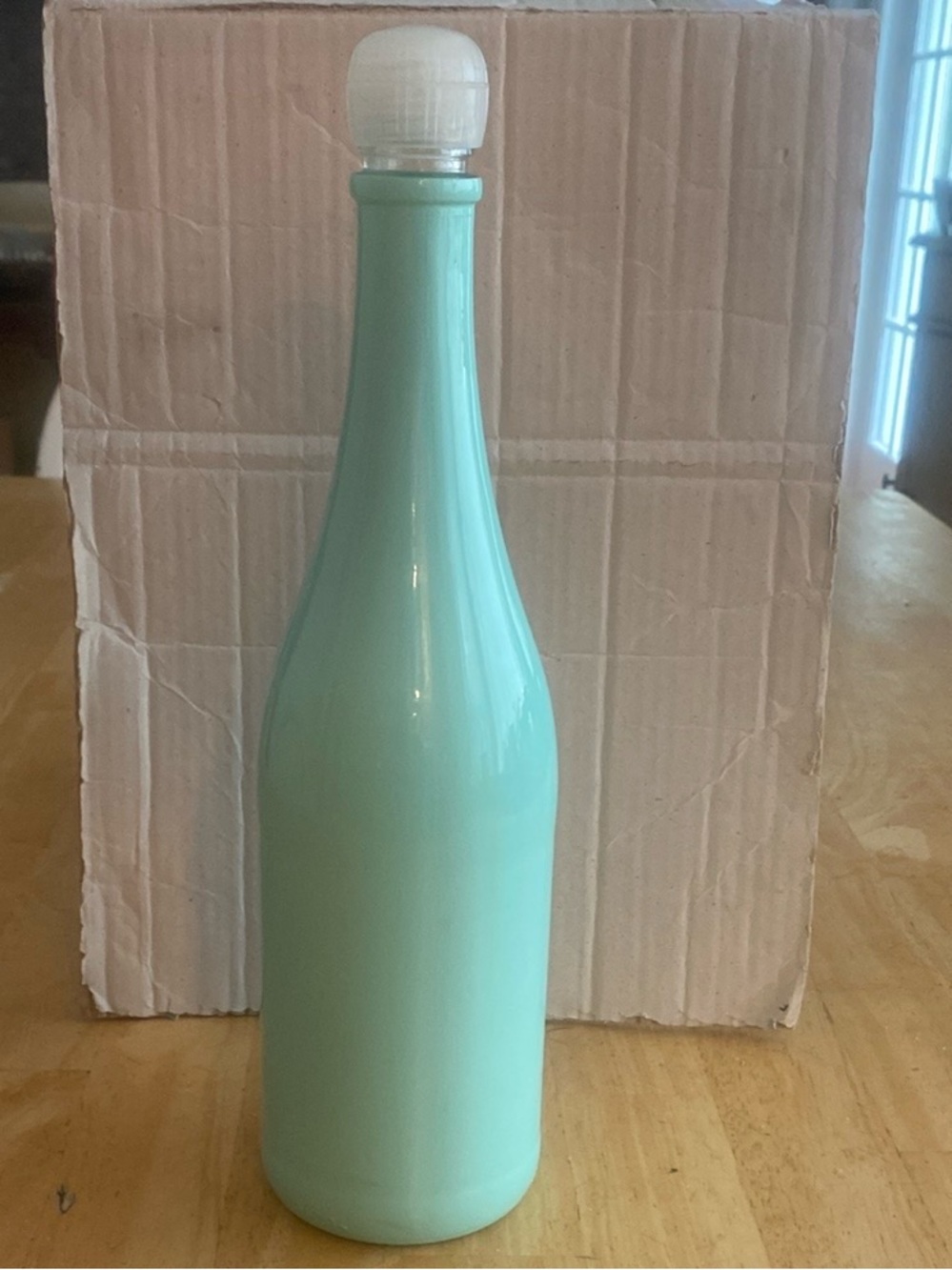 Decorative Bluish Green Glass Bottle Accent. Use for liquids or as decor